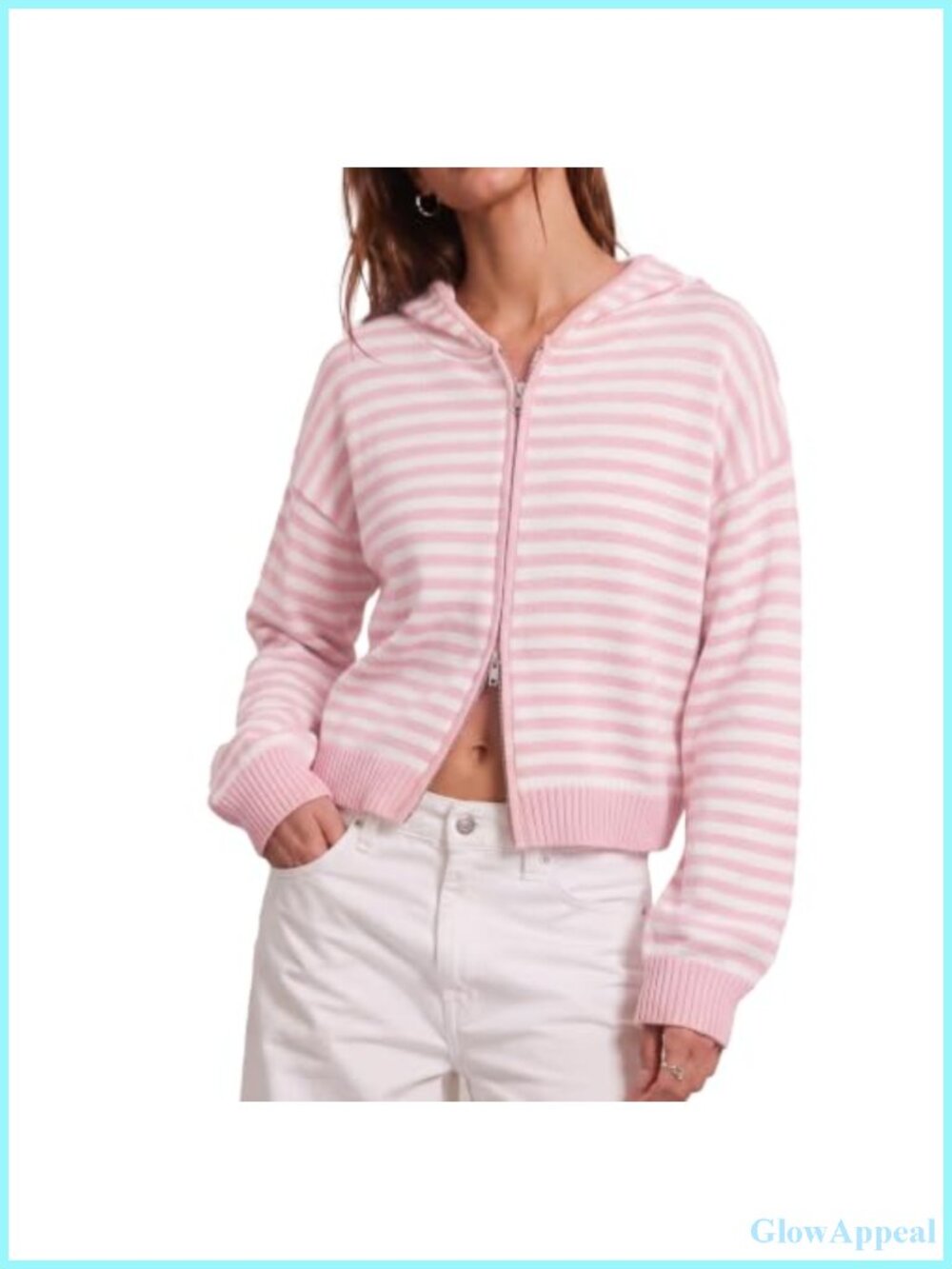 Women Striped Zip Up Knit Cardigan Hoodie Fall Winter